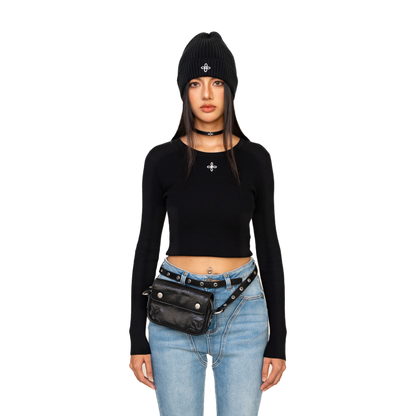 SMFK Compass Cross Rib Knitted Top In Black