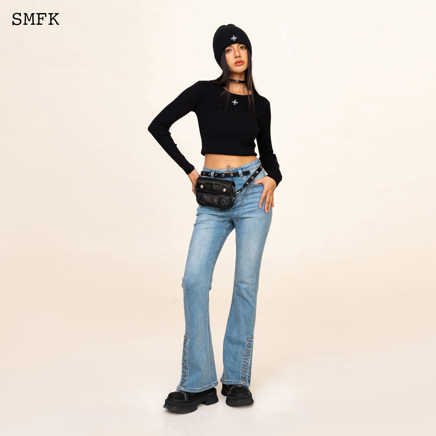 SMFK Compass Cross Rib Knitted Top In Black