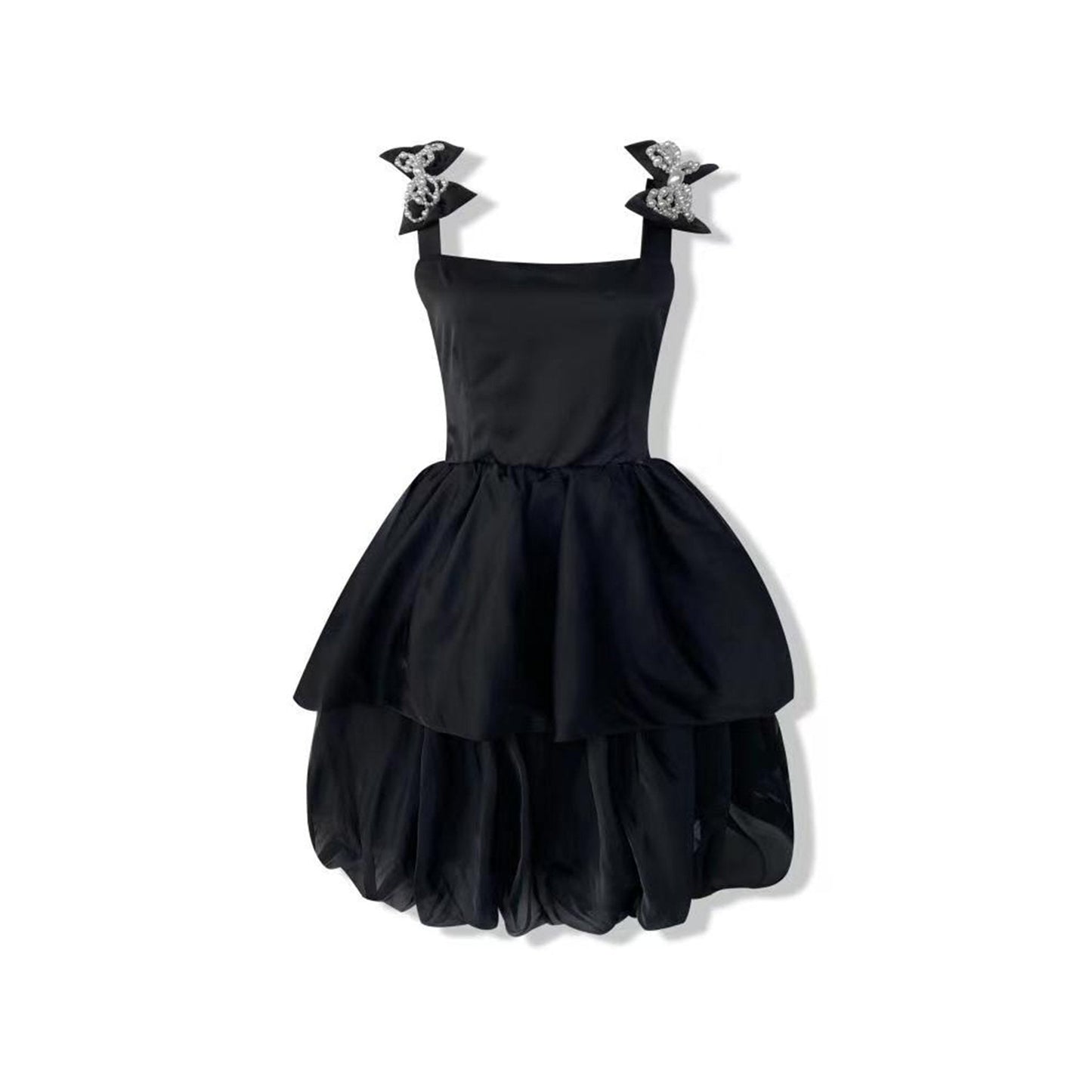 Aimme Sparrow Black Bow Strap Puff Slip Dress