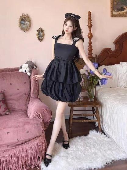 Aimme Sparrow Black Bow Strap Puff Slip Dress