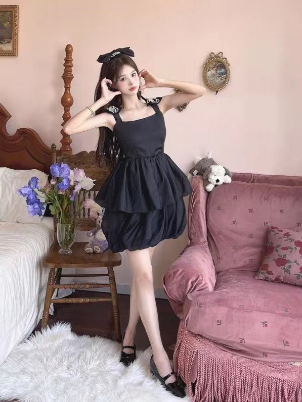 Aimme Sparrow Black Bow Strap Puff Slip Dress