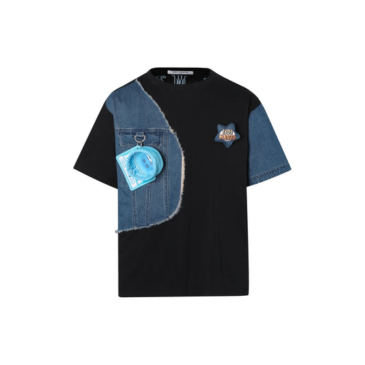 13DE MARZO x POP MART Black Parda Bear Denim Patchwork T-shirt | MADA IN CHINA