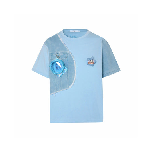 13DE MARZO x POP MART Blue Parda Bear Denim Patchwork T-shirt | MADA IN CHINA