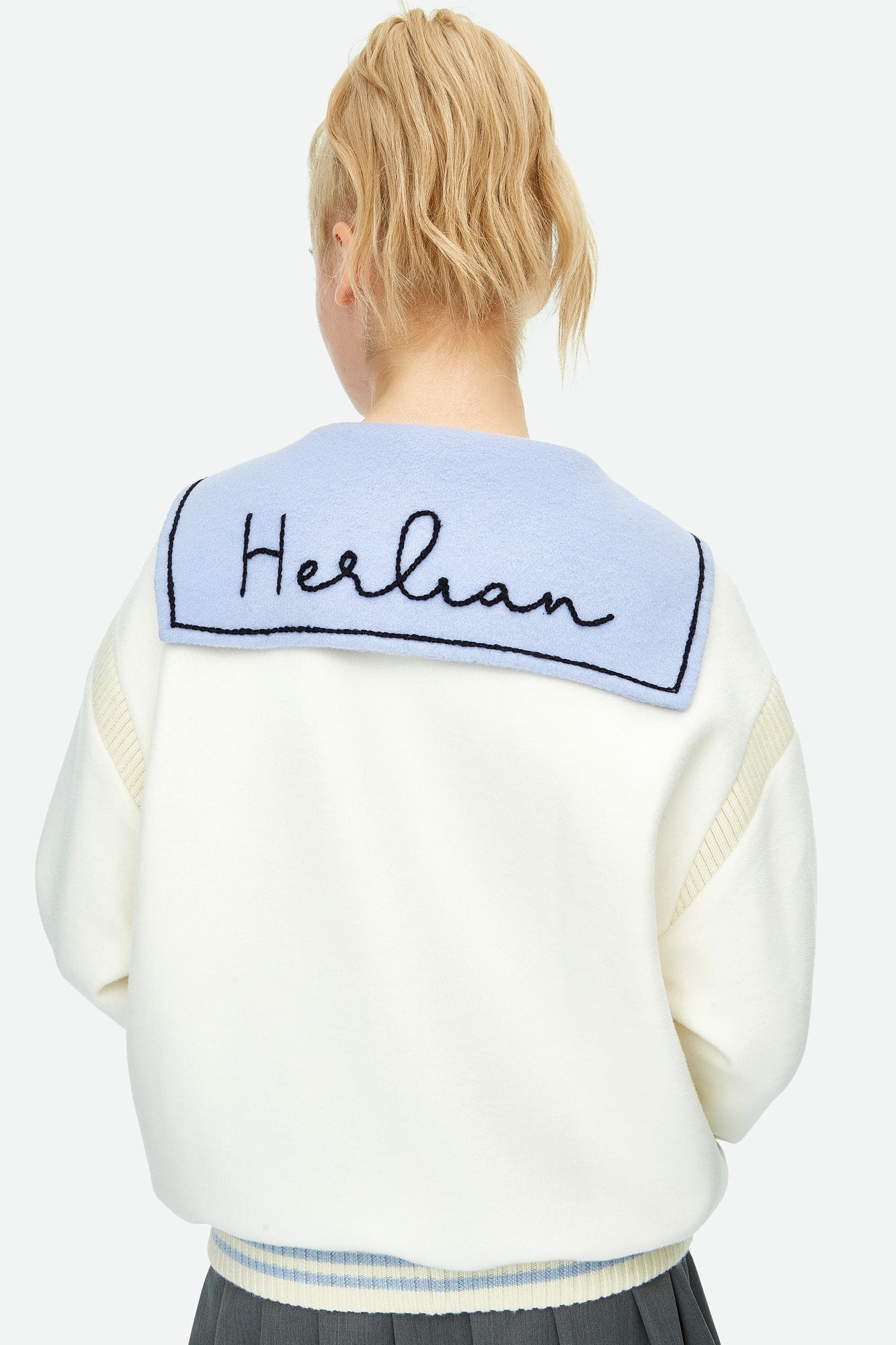 Herlian Collision Navy Collar Tweed Baseball Jacket