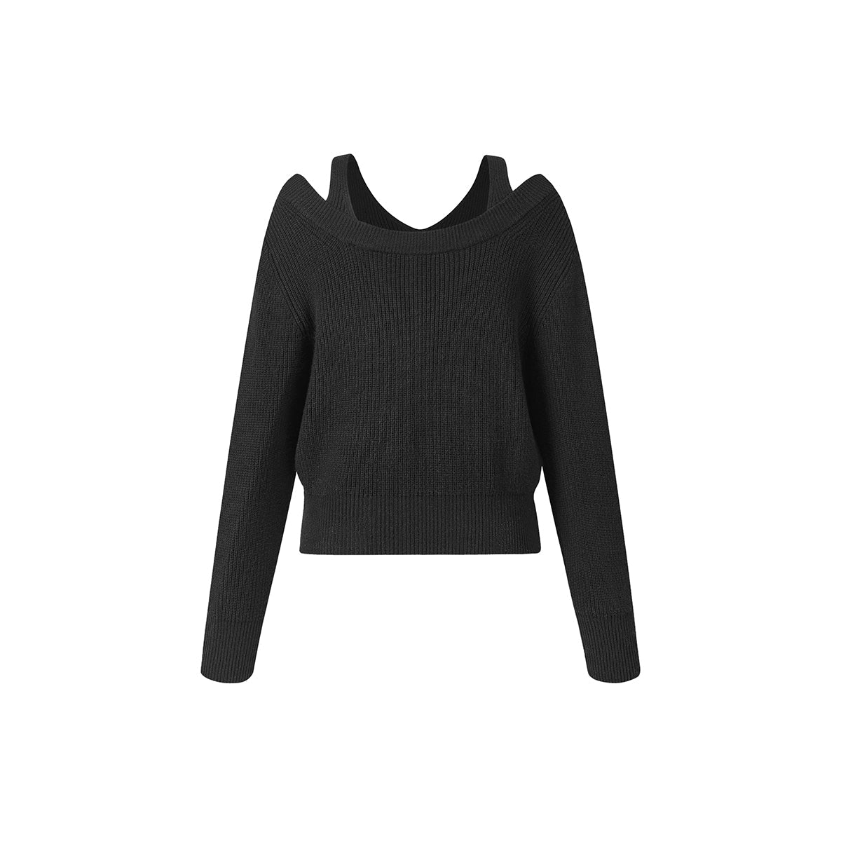 THREE QUARTERS Pearl V-Neck Off-Shoulder Sweater Black