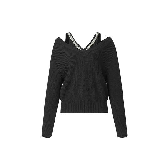 THREE QUARTERS Pearl V-Neck Off-Shoulder Sweater Black