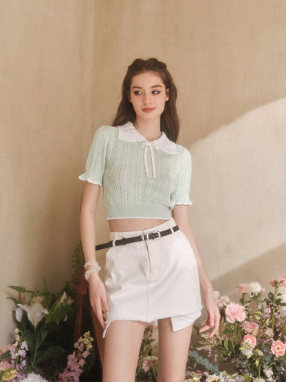 THREE QUARTERS Mint Green White Collar Top