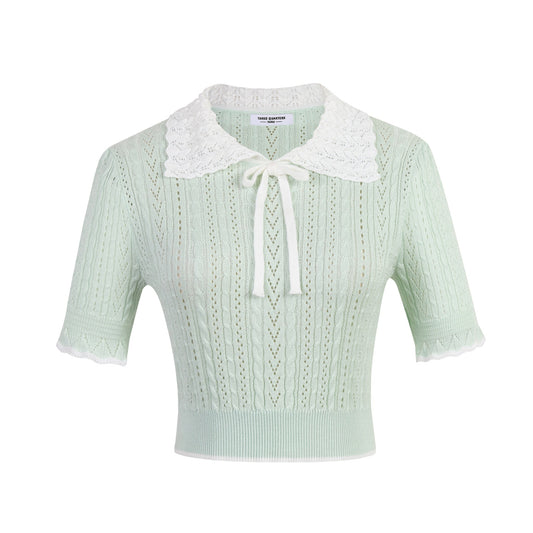 THREE QUARTERS Mint Green White Collar Top