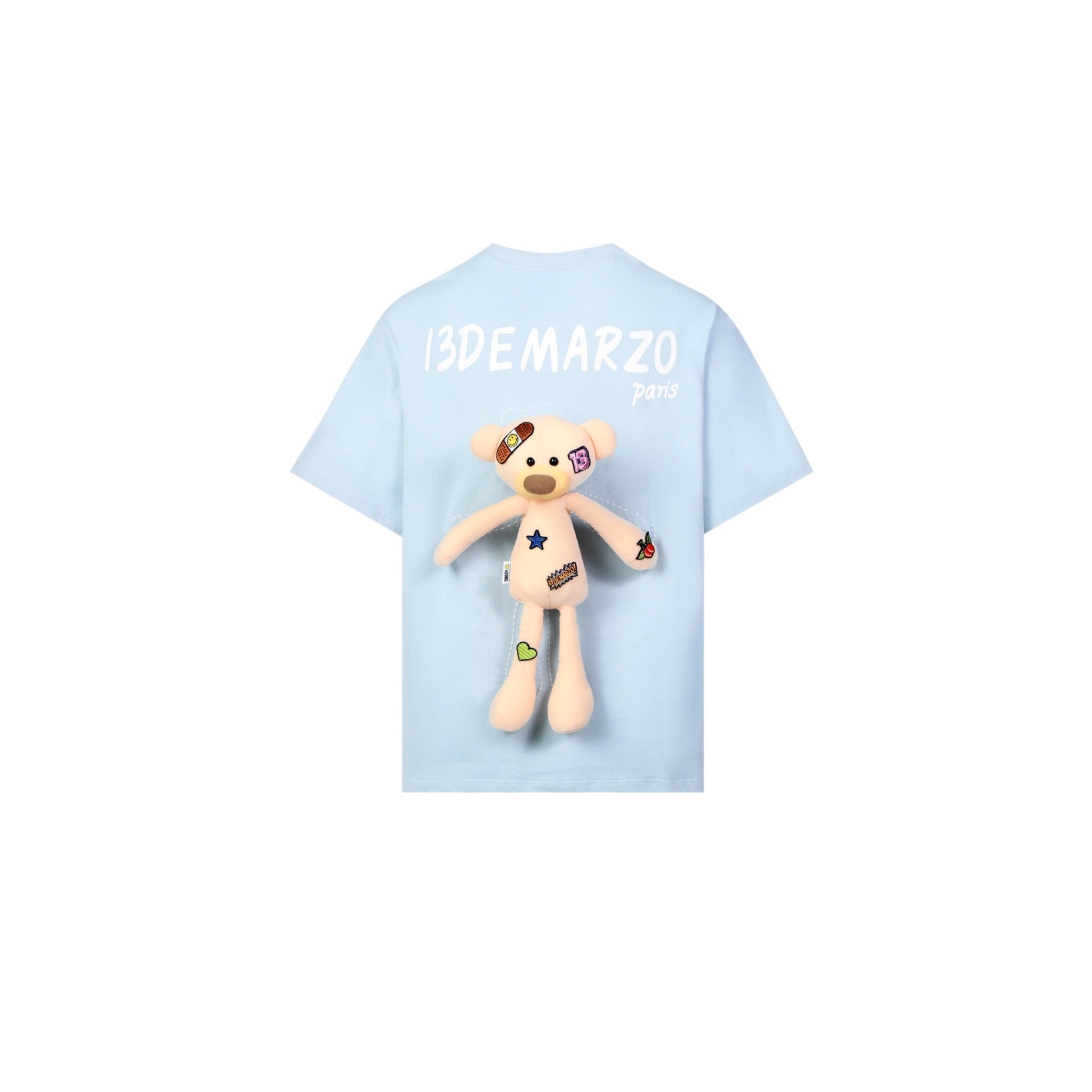 13DE MARZO x Smiley Palda Bear Velcro Patch Letter T-shirt Dream Blue | MADA IN CHINA