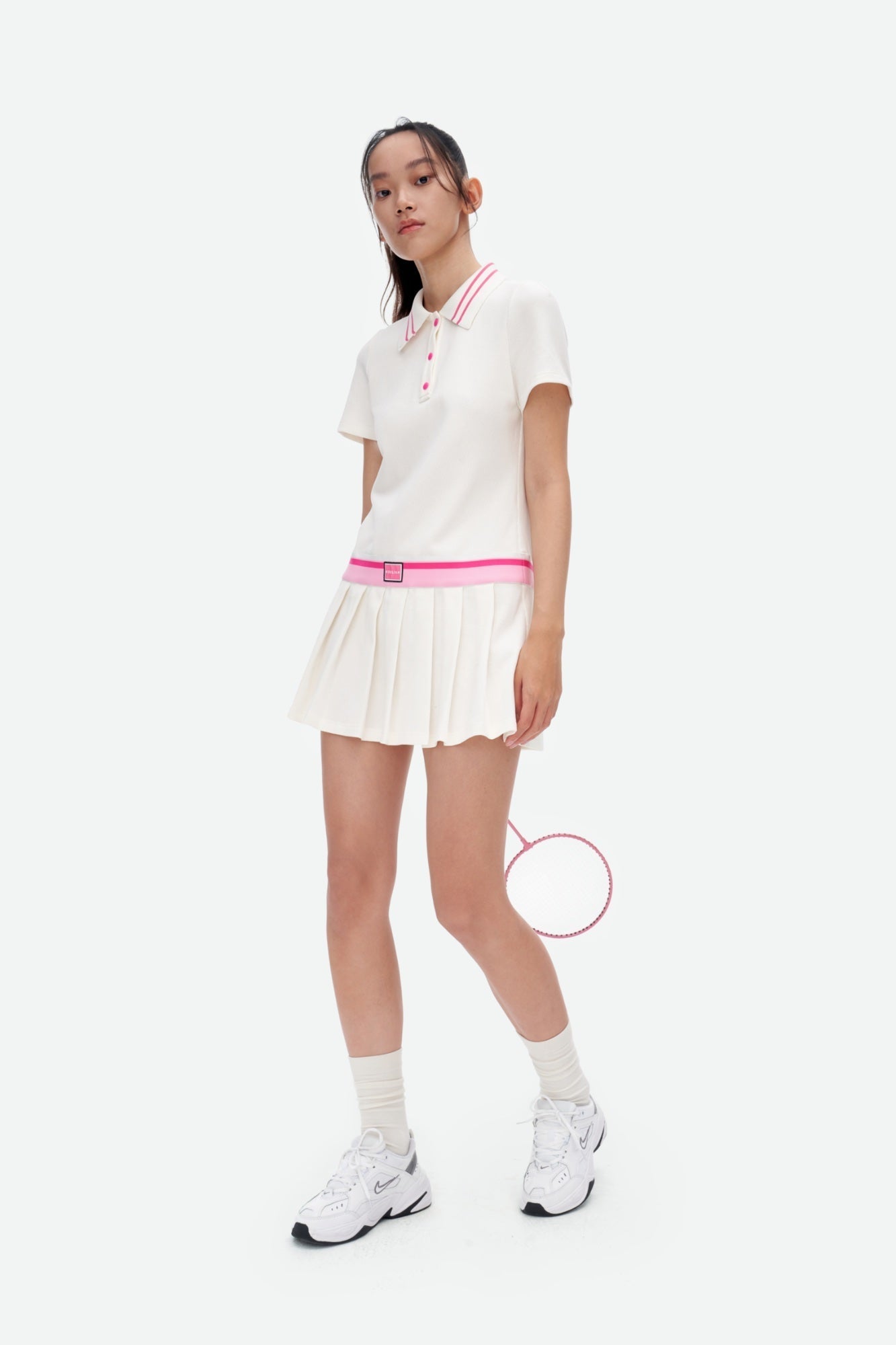 Herlian Pink And White Pleated Short Polo Dress