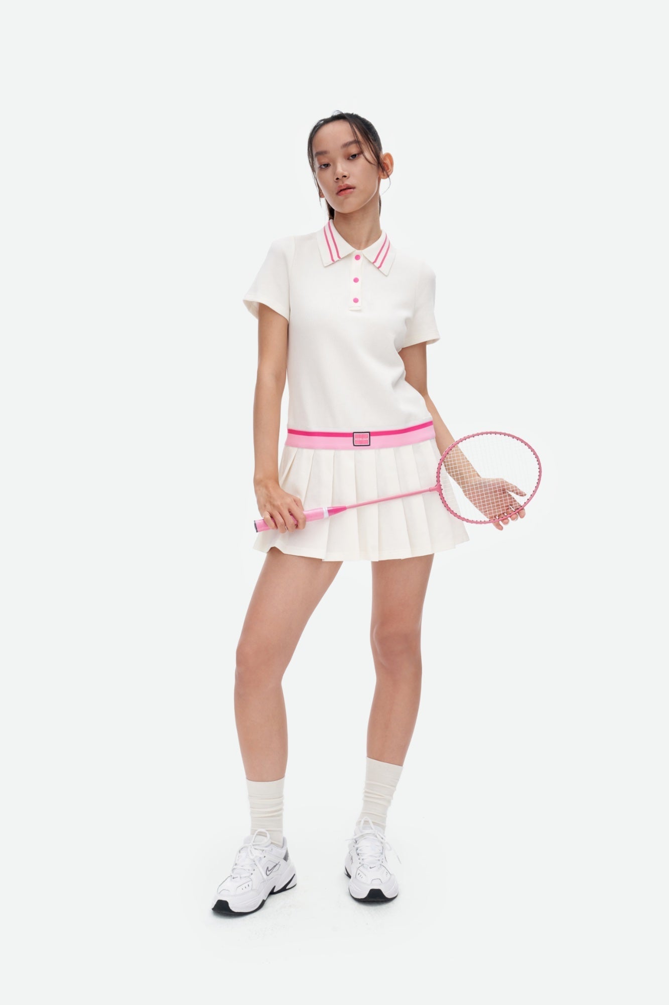 Herlian Pink And White Pleated Short Polo Dress