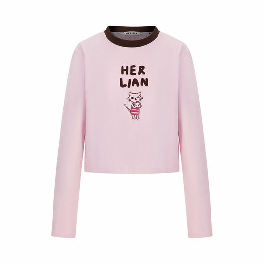 Herlian Pink Letter Kitty Long Sleeve T-shirt