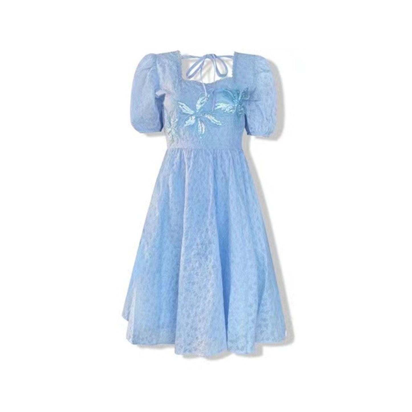 Aimme Sparrow Puff Sleeve Three-dimensional Leaf Blue Strappy Dress