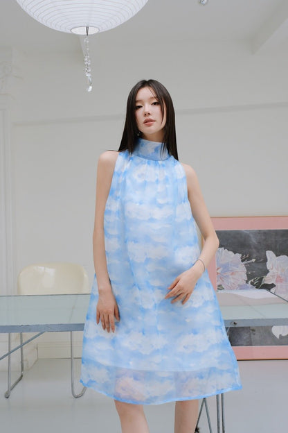 Aimme Sparrow Sky Blue Bow Stand Collar Dress