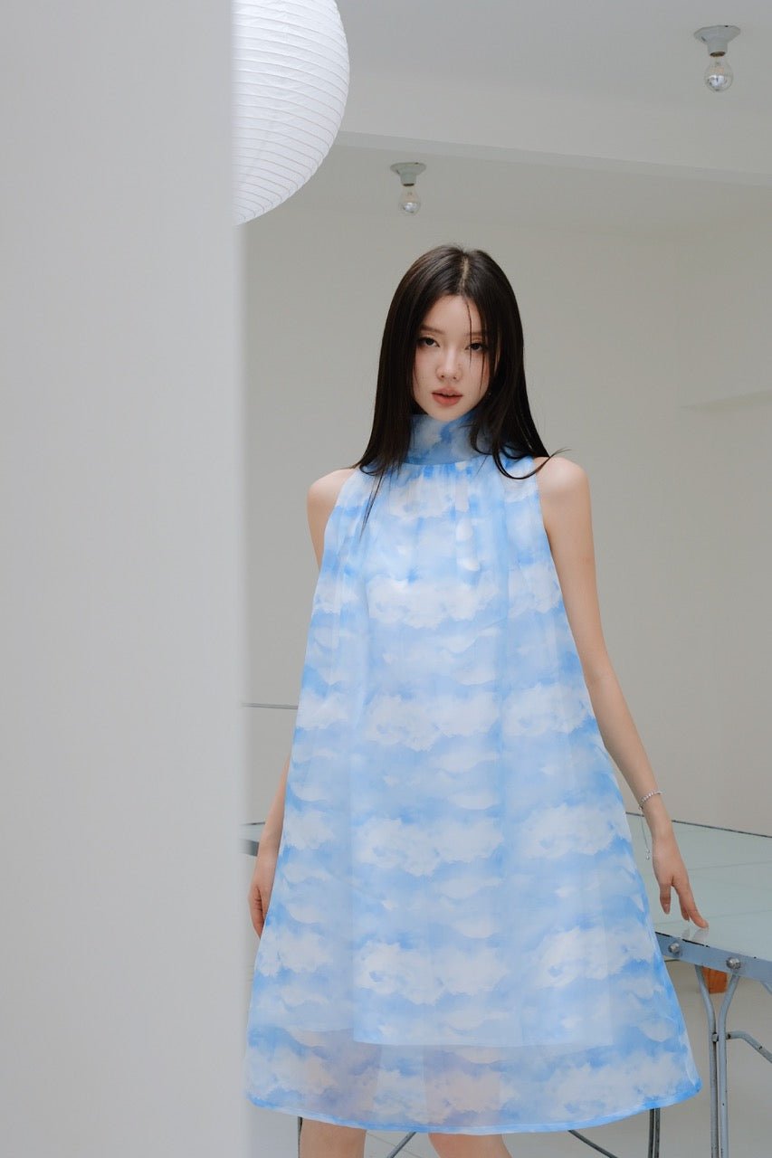 Aimme Sparrow Sky Blue Bow Stand Collar Dress