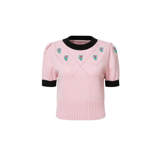 Herlian Embroidery Flower Puff Sleeve Knit Top Pink - Fixxshop