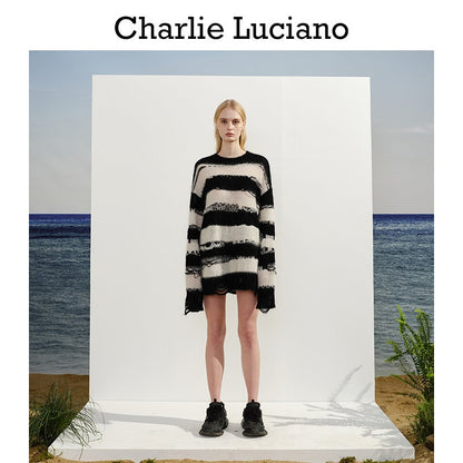 Charlie Luciano Striped Tassel Sweater Black