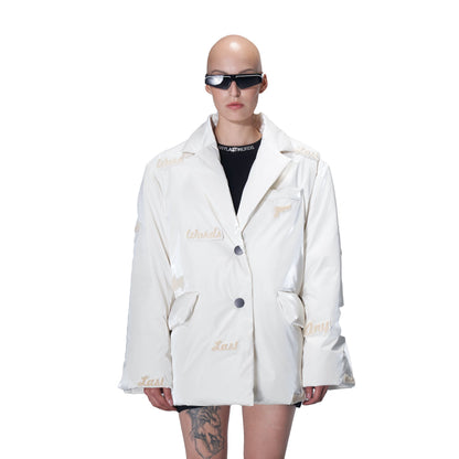 40 CREW White Any Last Words Printed Leather Short Puffer Jacket | MADA IN CHINA