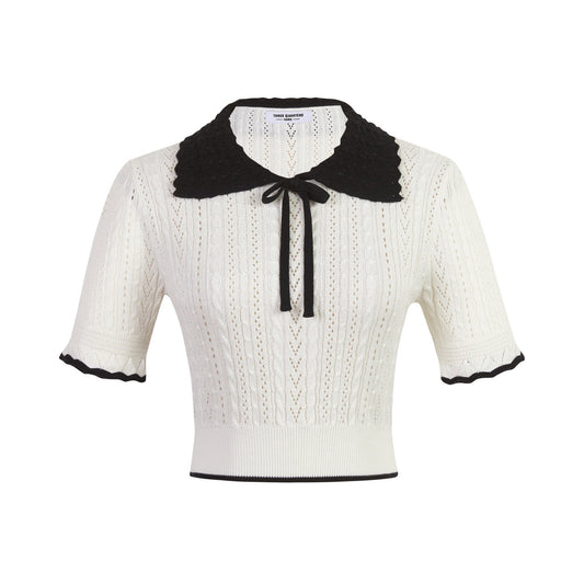 THREE QUARTERS White Black Collar Top