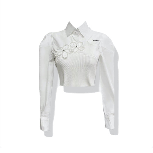 AIMME SPARROW White Flower Bubble Sleeve Shirt | MADA IN CHINA